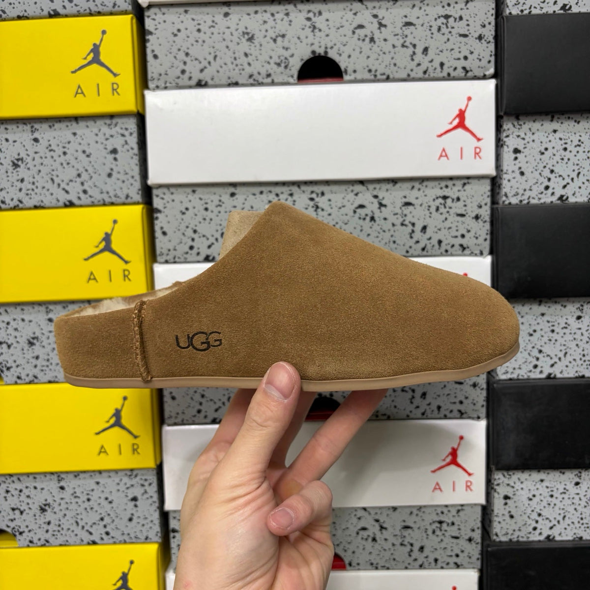 UGG Suede Mule – Women’s Backless Clog with Gold Chain Accent & Shearling Lining in Wheat