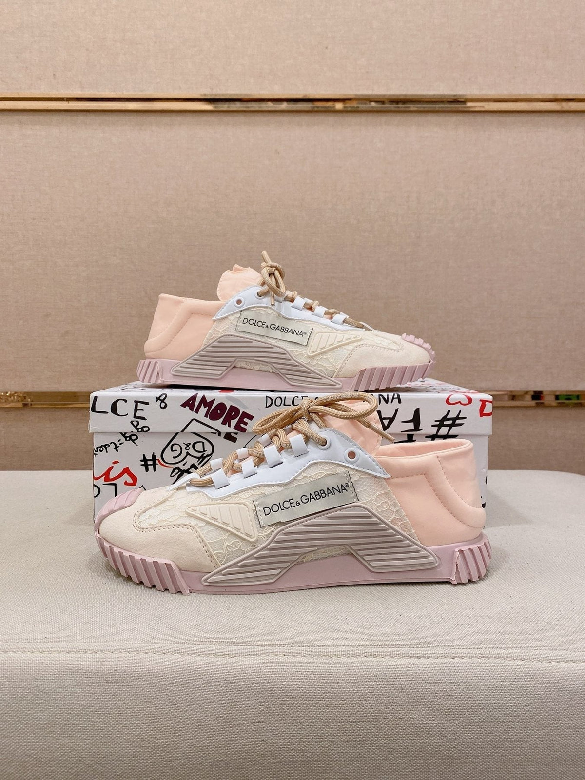 Dolce & Gabbana Pale Pink Cream Low-Top Sneakers