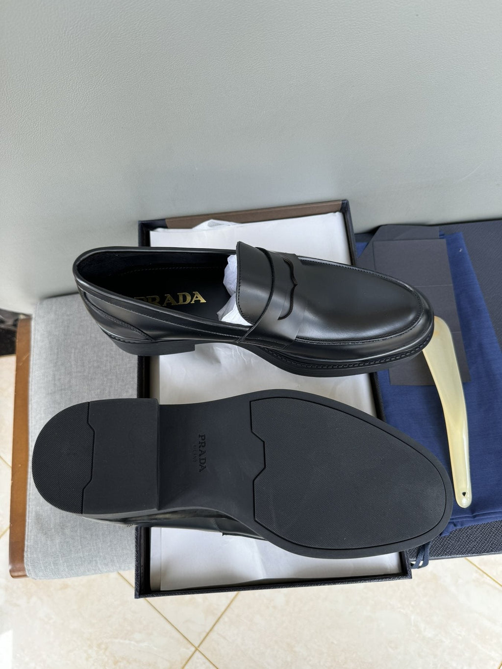 Prada Black Leather Strap Loafers